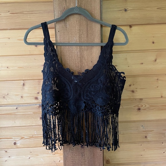 Charlotte Russe Black Crop Top w/ Fringe Large - Picture 2 of 5